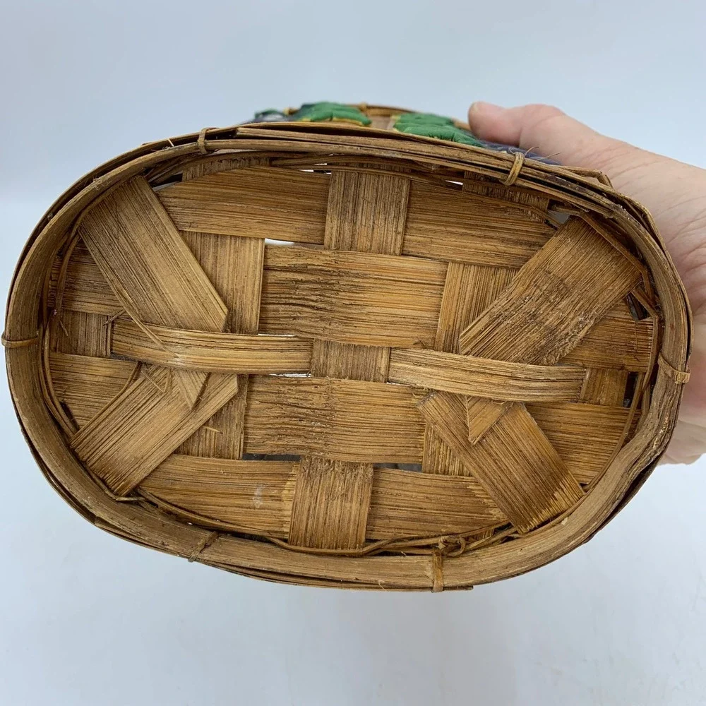 Vtg Woven Bamboo Grape Basket Cottagecore Painted Fruit Decor Rustic Country